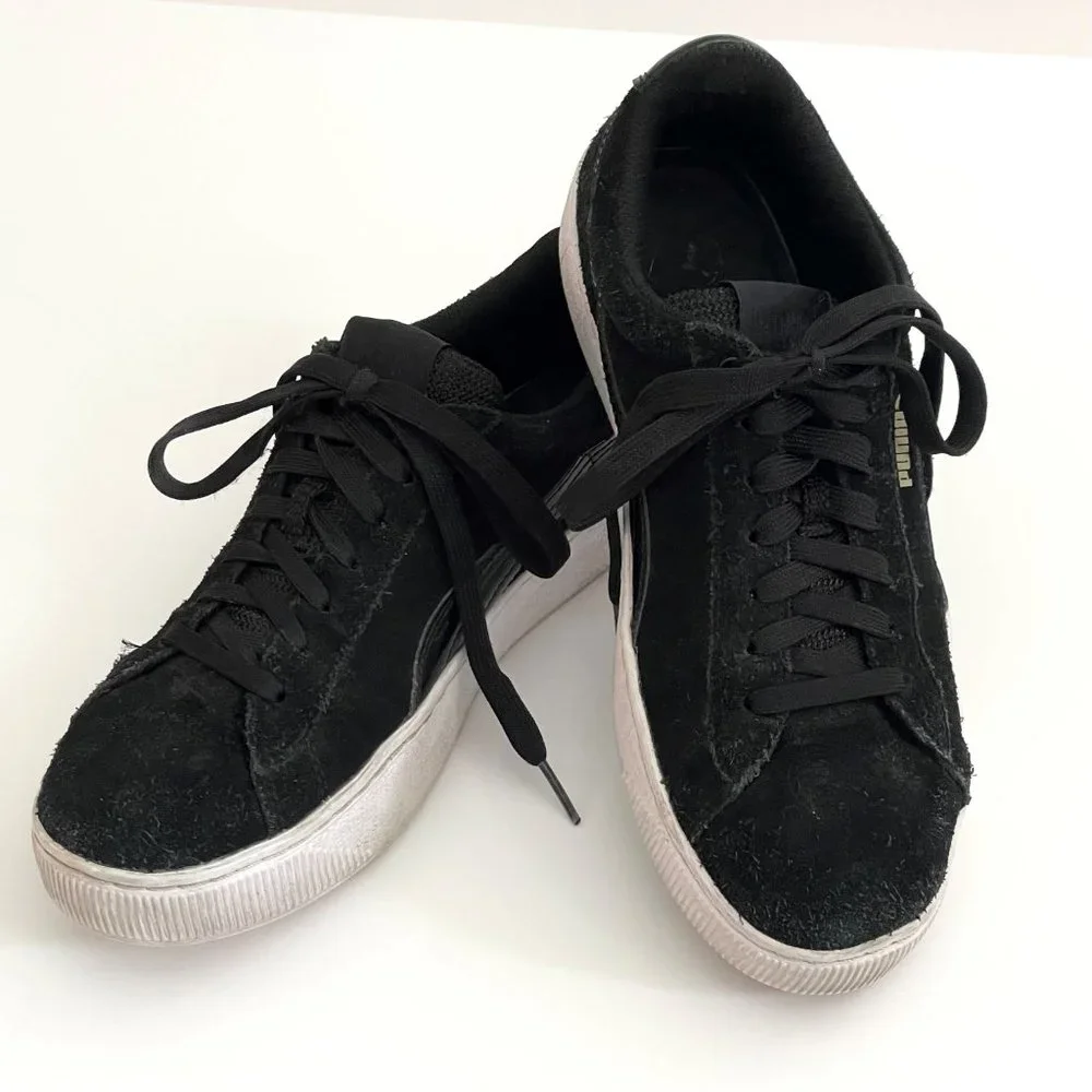 Puma Black Suede Vikky White Platform Low Top Sporty Comfort Leather Sneakers 8 - Picture 10 of 13